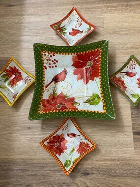 Prima Design 5 Piece Glass Serving Set Canary Floral Square Bowls Colorful Retro